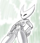 anthro black_body breasts female genitals hand_on_leg hand_on_thigh low-angle_view nipples non-mammal_breasts non-mammal_nipples pussy small_breasts solo thorax fourssss hollow_knight team_cherry hornet_(hollow_knight) arthropod colored_sketch hi_res sketch