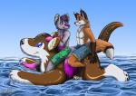 animal_pool_toy clothing duo inflatable inflatable_ride inflatable_support legs_over_edge male on_pool_toy over_edge pool_toy puffy_paws straddling swimwear tail_over_edge tico_wolf water year rosevnightshade_(artist) inola canid canine canis fox inanimate_object mammal wolf 2015 dated signature