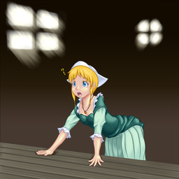 blonde_hair blue_eyes bodily_fluids breasts clothing dress female hair human_only jewelry not_furry open_mouth pendant question_mark solo sweat sweatdrop kasetsu_hanga human mammal 1:1 2015
