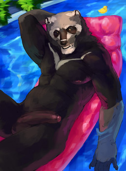 anthro brown_body brown_fur casual_nudity chevron_(marking) fangs foreskin fur genitals grin humanoid_genitalia humanoid_penis inflatable male markings nipple_piercing nipples nude outside partially_submerged penis piercing pool_float smile solo swimming_pool teeth water conditional_dnp tgt1512 bear mammal hi_res