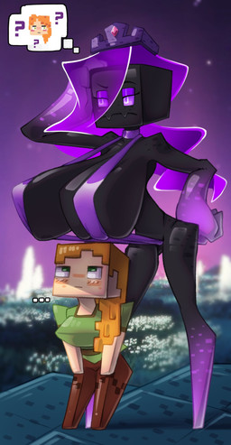 big_breasts biped black_body blonde_hair blush blush_lines bottomwear breasts clothed clothed_female clothing confusion crown duo ellipsis eyebrows eyelashes featureless_feet feet female front_view fully_clothed gloves_(marking) green_clothing green_eyes hair headgear huge_breasts larger_female leg_markings looking_up markings narrowed_eyes not_furry purple_clothing purple_eyes purple_hair size_difference skimpy smaller_female socks_(marking) standing tan_body three-quarter_view topwear azura_inalis microsoft minecraft mojang xbox_game_studios alex_(minecraft) enderman human humanoid mammal 2025 absurd_res digital_drawing_(artwork) digital_media_(artwork) hi_res pictographics