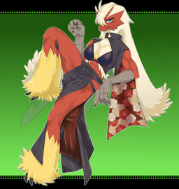 abs anthro blonde_hair blue_eyes breasts chest_tuft cigarette claws cleavage clothed clothing collar diamonds_(suit) female floral_print fur gradient_background green_background hair holding_cigarette holding_object leaning leaning_backward leg_spurs long_hair looking_at_viewer medium_breasts one_leg_up raised_leg red_body red_fur ring_(jewelry) scales scuted_arms scuted_feet scuted_hands scutes simple_background solo suit_symbol tongue tongue_out topwear tuft vest yellow_body yellow_fur kirari_mica nintendo pokemon blaziken generation_3_pokemon pokemon_(species) absurd_res hi_res