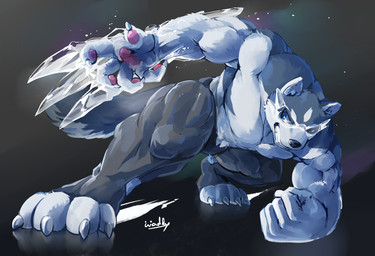 4_toes 5_fingers abs anthro biceps big_muscles clothed clothing feet fingers fur huge_muscles male muscular muscular_male pecs simple_background solo toes topless waddledox frostbite_(waddledox) canid canine canis domestic_dog husky mammal nordic_sled_dog spitz 2018 digital_media_(artwork)