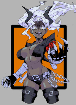 armband belt black_horn breasts brown_body brown_skin chain clothing coat eyebrows fangs female grey_background hair horn legwear long_hair looking_at_viewer metal_claws navel not_furry occult_symbol open_mouth pentagram simple_background solo standing symbol teeth thigh_highs topwear white_eyebrows white_eyes white_hair chef_(artist) helltaker judgement_(helltaker) demon demon_humanoid humanoid hi_res