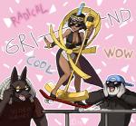 anthro black_hair breasts brown_body brown_skin circlet cleavage clothed clothing dreadlocks eyewear female group hair hat headgear headwear loose_feather male ostrich_feather sunglasses text yellow_sclera emlan skullgirls albus_(skullgirls) eliza_(skullgirls) horace anubian_jackal avian canid canine canis jackal mammal 2014 english_text