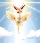 2_toes 3_fingers anthro big_breasts big_ears black_nose breasts cloud eyelashes eyes_closed feet female fingers fur gesture hand_gesture light navel orange_body orange_fur sky solo sun thick_thighs toes v_sign wide_hips wings bit-small nintendo pokemon generation_5_pokemon legendary_pokemon mammal pokemon_(species) victini 2020 digital_media_(artwork) hi_res