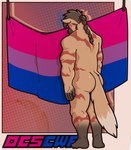 anthro bisexual_pride_colors blush border braided_hair braided_ponytail brown_body brown_fur butt embarrassed flag flag_(object) fur hair halftone_background lgbt_pride male markings muscular muscular_anthro nude pattern_background ponytail pride_colors red_body red_fur simple_background solo tan_body tan_fur outcast-stars weyland_here everyone_is_so_mean_to_me lgbt_pride_month tuhsano canid canine canis mammal maned_wolf absurd_res halftone hi_res meme