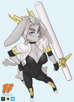 anthro antlers blue_eyes blush breasts camel_toe choker cleavage clothed clothing dream_breaker_(pseudoregalia) eyelashes female floppy_ears fur gold_(metal) gold_jewelry grey_body grey_fur high-angle_view hooves horn jewelry leg_tuft navel necklace solo tail thigh_tuft tight_clothing topwear tuft vest weapon tuningfork pseudoregalia sybil_(pseudoregalia) bovid caprine felid feline goat hybrid lagomorph leporid mammal rabbit 2025 digital_drawing_(artwork) digital_media_(artwork) hi_res
