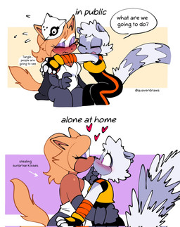 anthro blush blush_lines clothed clothed_female clothing dialogue duo embarrassed female female/female floating_heart fluffy fluffy_tail heart_symbol makeup markings mascara mask_on_head speech_bubble striped_markings striped_tail stripes surprise_kiss tail tail_markings text quavernsfw idw_publishing sega sonic_the_hedgehog_(comics) sonic_the_hedgehog_(idw) sonic_the_hedgehog_(series) tangle_the_lemur whisper_the_wolf canid canine canis lemur mammal primate ring-tailed_lemur strepsirrhine wolf hi_res
