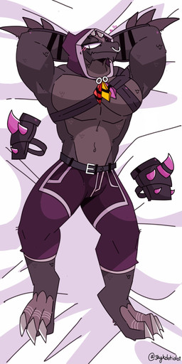 3_toes accessory anthro barefoot belt biceps biped blush blush_lines bottomwear chest_strap claws closed_smile clothed clothed_anthro clothed_male clothing countershade_neck countershade_scales countershade_torso countershading facial_piercing feet front_view grey_claws hands_behind_back heart_symbol hood looking_at_viewer lying male mouth_closed muscular muscular_anthro muscular_male navel nose_piercing nose_ring on_back pants pecs piercing pose pupils purple_body purple_bottomwear purple_clothing purple_countershading purple_pants purple_scales ring_piercing scales slit_pupils smile snout solo text toe_claws toes topless topless_anthro topless_male white_sclera skykdotidot dungeons_and_dragons hasbro wizards_of_the_coast adrax_imrash dragonborn_(dnd) scalie 2024 artist_name digital_drawing_(artwork) digital_media_(artwork) full-length_portrait hi_res portrait