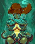 anthro big_breasts breasts brown_hair crossed_arms eyes_closed female glowing hair markings navel nipples nude slightly_chubby slightly_chubby_anthro slightly_chubby_female solo shinysteel atlus megami_tensei sega shin_megami_tensei_iii_nocturne demi-fiend mona_lisa_(tmnt) amphibian salamander 2022 hi_res