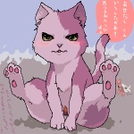 blush erection feral genitals male nude penis solo tail text unknown_artist capcom monster_hunter carapaceon felid felyne hermitaur lynian mammal 1:1 digital_media_(artwork) japanese_text low_res oekaki translation_request