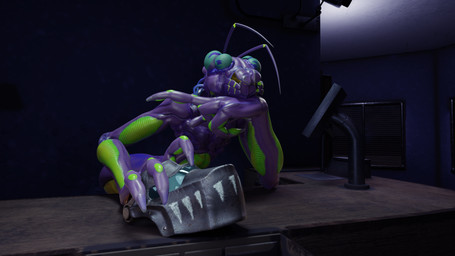 antennae_(anatomy) blue_eyes compound_eyes face_shield leaning_on_object looking_at_viewer male mask purple_body store welding_mask xenomaker_(artist) xenomaker_(modeler) ex-oh_(xenomaker) alien alien_humanoid animal_humanoid arthropod arthropod_humanoid humanoid insect insect_humanoid 16:9 3d_(artwork) 4k absurd_res blender_(artwork) blender_cycles_(artwork) digital_media_(artwork) hi_res widescreen