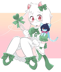 2_horns alternate_species anthro blush bow_tie clothed clothed_anthro clothing crossdressing dress duo eyewear feral feralized footwear fur glasses gloves green_bow green_clothing green_dress green_eyewear green_footwear green_glasses green_shoes handwear horn legwear magical_girl_outfit magical_girl_wand male pink_bow_tie pink_eyes pink_horn shoes solo_focus stockings white_body white_clothing white_fur white_gloves white_handwear white_legwear white_stockings soken_unison deltarune undertale_(series) kris_dreemurr ralsei bovid caprine domestic_cat felid feline felis goat mammal hi_res