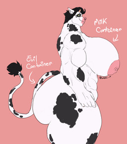 2_horns anthro big_breasts big_butt big_muscles black_hair black_spots breasts butt female fur green_eyes hair horn huge_breasts huge_butt hyper muscular muscular_anthro muscular_female nipples pink_nipples pink_nose solo spots thick_thighs wide_hips limbo6_6 evil_container ingrid_(limbo6_6) bovid bovine cattle mammal absurd_res hi_res meme