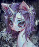 1_horn bloodshot_eyes blue_eyes blue_eyeshadow bodily_fluids crying eye_bags eyeshadow female feral flower fur hair horn makeup plant purple_hair raining sad short_hair solo tears wet wet_body wet_fur wet_hair white_body white_fur p0nyplanet friendship_is_magic hasbro my_little_pony mythology rarity_(mlp) arthropod butterfly equid equine insect lepidopteran mammal mythological_creature mythological_equine unicorn digital_drawing_(artwork) digital_media_(artwork) hi_res watermark