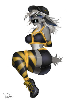 4_toes angry anthro arm_warmers arms_tied armwear bat_ears bat_nose bdsm bite_mark bite_mark_on_breast bite_mark_on_neck bite_mark_on_shoulder blood blue_blood blue_blush blue_eyes blush bodily_fluids bondage bottomwear bound bra breasts claws clenched_teeth clothing colored_blood ears_down feet female footwear fur gag genitals glowing grey_body grey_fur hair hands_behind_back hat hazard_stripes headgear headwear legs_tied legs_together legwear long_ears lying on_side pasties pivoted_ears ponytail restraints rope rope_bondage rope_harness shoes short_tail shorts simple_background sneakers solo tail tape tape_gag teeth thigh_highs toes underwear unusual_blood unusual_bodily_fluids white_background white_hair tyo_dem iselle_(snubby) bat mammal 3:4 absurd_res colored digital_drawing_(artwork) digital_media_(artwork) full-length_portrait hi_res portrait signature