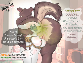 anal anus bdsm big_butt bondage bound breasts butt duo facesitting fart fart_fetish female female/female female_farting forced genitals male nipples oral restraints rimming rope rope_bondage sex sitting_on_another sniffing text vulva nightartf beastars haru_(beastars) juno_(beastars) legoshi_(beastars) canid canine canis lagomorph leporid mammal northwestern_wolf rabbit wolf english_text hi_res url