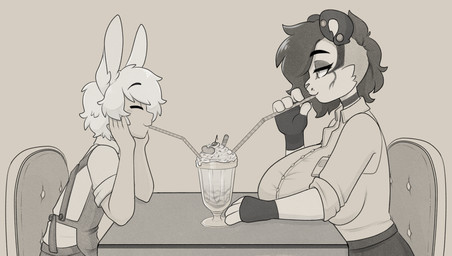 apron badge beverage big_breasts blouse bottomwear breasts cherry clothing date drinking_straw duo ear_piercing eyes_closed female food fruit furniture hand_on_cheek heart_symbol male male/female milkshake pants piercing plant sharing_milkshake sitting skirt sprinkles table topwear jinx_doodle kai_(bosstones) yvette_(kilinah) animal_humanoid felid feline humanoid lagomorph lagomorph_humanoid leopardus leporid leporid_humanoid mammal mammal_humanoid ocelot rabbit rabbit_humanoid hi_res