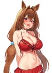 big_breasts bikini blush breasts brown_hair cleavage clothed clothing female hair long_hair navel pigtails red_eyes simple_background solo swimwear two-piece_swimsuit white_background urrrt cygames uma_musume_pretty_derby daiwa_scarlet_(pretty_derby) animal_humanoid equid equid_humanoid equine equine_humanoid horse_humanoid humanoid mammal mammal_humanoid absurd_res hi_res