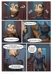 anthro black_body black_fur bodysuit clothing detective dialogue duo fur latex male mystery skinsuit text tight_clothing rainset serathin shiftcore canid canine canis mammal reptile scalie snake wolf comic digital_media_(artwork) english_text hi_res