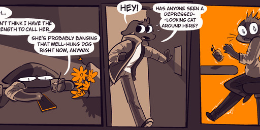 alcohol anthro beverage bouquet cellphone dialogue door duo electronics fluffy fluffy_tail male phone sad smartphone speech_bubble surprised tail text worried vanilla_candy amelia_is_calling canid canine canis domestic_cat domestic_dog felid feline felis mammal absurd_res comic english_text hi_res restricted_palette