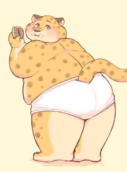 anthro barefoot belly big_belly blush briefs briefs_only butt chocolate_doughnut clothed clothing dessert doughnut eating feet food male monotone_briefs monotone_clothing monotone_underwear overweight overweight_male pastry simple_background solo standing tighty_whities topless topless_male underwear underwear_only white_briefs white_clothing white_underwear one_oneyyy disney zootopia benjamin_clawhauser cheetah felid feline mammal 2026 absurd_res hi_res