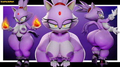 accessory anthro areola big_breasts big_butt breasts butt butt_from_the_front clothing female fire fireball footwear footwear_only forehead_gem gem hair_accessory hair_up hairband high_heels huge_butt looking_at_viewer makeup mascara mostly_nude multiple_angles nipples panties shoes shoes_only smile solo tail thick_thighs underwear wide_hips illamajamma sega sonic_the_hedgehog_(series) blaze_the_cat domestic_cat felid feline felis mammal hi_res