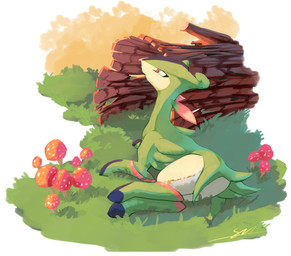 ambiguous_gender border detailed_background feral fungus grass log looking_up lying mouth_closed mushroom on_side outside plant quadruped red_eyes side_view sky solo white_border wood yellow_sky likey nintendo pokemon generation_5_pokemon legendary_pokemon pokemon_(species) virizion 2021 absurd_res digital_media_(artwork) hi_res signature