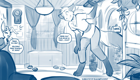accessory anthro barefoot biped bottomwear clothed clothed_anthro clothed_female clothed_male clothing digitigrade door duo eyes_closed feet female fingers flower flower_in_hair fully_clothed fully_clothed_anthro fully_clothed_male fur hair hair_accessory inside larger_male male open_mouth open_smile plant size_difference smaller_female smile standing tail teeth text toes tongue topwear window conditional_dnp tom_fischbach twokinds hazel_(twokinds) mike_(twokinds) canid canine fox keidran lagomorph leporid mammal rabbit 2026 7:4 blue_and_white digital_drawing_(artwork) digital_media_(artwork) english_text hi_res monochrome sketch