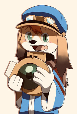 ambiguous_gender anthro backpack blush brown_body brown_fur clothing collar countershading cute_fangs eyewear fangs fur gloves goggles green_eyes hair handwear hat headgear headwear orange_hair solo tan_body tan_fur teeth white_body white_fur young young_ambiguous young_anthro ottmutt cyberconnect2 little_tail_bronx mamoru-kun_(series) mamoru-kun canid canine caninu canis domestic_dog mammal 2019 hi_res
