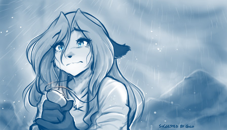 accessory anthro blue_eyes bodily_fluids claws clothed clothing cloud crying detailed_background female finger_claws fur gloves_(marking) hair holding_object jewelry locket markings mountain necklace outside raining sad solo tears conditional_dnp tom_fischbach twokinds laura_(twokinds) canid canine fox keidran mammal red_fox true_fox 2023 7:4 adobe_photoshop_(artwork) blue_and_white digital_media_(artwork) hi_res monochrome sketch spot_color