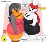 anthro body_writing breast_squish breasts breasts_frottage cleavage clothed clothing dress duo female hair mature_female nipple_outline red_hair squish text rarehare avian bird lagomorph leporid mammal rabbit absurd_res english_text hi_res