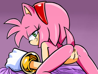 anthro anus bed_sheet bedding bedroom_eyes bonnet bracelet butt clothing female genitals gloves gradient_background hair handwear headgear headwear jewelry narrowed_eyes nude presenting seductive short_hair simple_background smile solo tail vulva randomguy999 sega sonic_the_hedgehog_(series) amy_rose eulipotyphlan hedgehog mammal hi_res