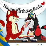 ambiguous_gender anthro birthday black_pawpads cake clothing collar dessert duo ear_piercing ear_ring eyes_closed fangs feeding feral food fur furniture green_eyes grey_body grey_fur hair hat headgear headwear male markings multicolored_body multicolored_fur open_mouth party_hat pawpads piercing pink_tongue red_body red_collar red_fur red_hair ring_piercing striped_arms striped_back striped_markings striped_tail stripes table tail tail_markings teeth tongue tongue_out white_body white_fur yellow_body yellow_fur killthe_demon canid canine felid mammal 1:1 hi_res