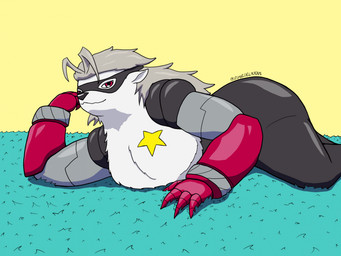anthro bottomwear clothing cybernetic_arm cybernetic_limb female fur grey_hair hair mask mechanical_arm pants red_eyes rug solo star white_body white_fur zonedelicious bandai_namco digimon digimon_beatbreak digimon_(species) wolvermon 2026 digital_media_(artwork) hi_res