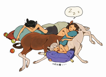 animal_ears armpit_hair body_hair casual_nudity female group hair hooves nude nude_female nude_taur pillow simple_background sleeping sleeping_together sound_effects trio vowelless vowelless_sound_effect white_background zzz carol_caocao european_mythology greek_mythology mythology centaur equid equid_taur humanoid_taur mammal mammal_taur taur hi_res