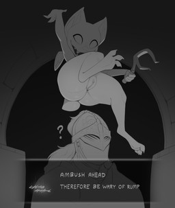 ambiguous_gender ambush anthro armor duo featureless_chest female flat_chested genitals headgear helmet knight male male_human nude question_mark shortstack shortstack_female smile text text_box vulva warrior weapon huffslove elden_ring fromsoftware fanged_imp_(elden_ring) gargoyle human imp mammal 2024 absurd_res english_text greyscale hi_res monochrome