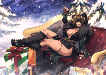 abs breasts brown_hair chain clothing eye_patch eyewear female gift hair holding_mistletoe horn leg_warmers legwear mistletoe plant scar sleigh snow solo tail tree crescentia_fortuna animal_humanoid bovid bovid_humanoid caprine caprine_humanoid goat_humanoid humanoid mammal mammal_humanoid 2025 dated signature