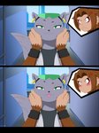 :3 anthro black_bars black_clothing black_shirt black_topwear blep blush brown_body brown_fur clothing duo ear_piercing ear_ring eyewear eyewear_on_head face_squish female female/female fur glasses glasses_on_head green_eyes grey_body grey_fur piercing ring_piercing shirt smile smiling_at_viewer squish tongue tongue_out topwear wristband kuramichan brand_new_animal studio_trigger kiki_(monkaes) marie_itami haplorhine mammal mink monkey mustelid musteline primate true_musteline weasel 2021 absurd_res hi_res letterbox