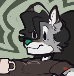anthro chibi click_sona coffee_mug female fur grey_body grey_fur relaxing silly simple_background simple_eyes solo toony kisly canid canine canis mammal wolf low_res