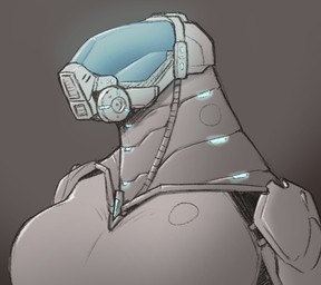 ambiguous_form armor big_breasts breasts clothed clothing female grey_background grey_clothing grey_helmet headgear helmet obscured_face simple_background solo jezzlen ambiguous_species bust_portrait portrait