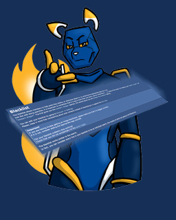 ambiguous_gender anthro blacklist blue_body cheekbones fire flaming_tail humor looking_at_viewer machine mascot solo tail text throwing throwing_object webpage yellow_eyes frooby e621 eminem_throw esix domestic_cat felid feline felis mammal robot 4:5 alpha_channel digital_media_(artwork) english_text