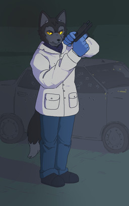 annoyed anthro black_body black_clothing black_footwear black_fur black_shoes blue_bottomwear blue_clothing blue_gloves blue_handwear blue_pants blue_shirt blue_topwear bottomwear bullet_hole car cheek_tuft clothing coat detailed_background dipstick_tail doctor facial_tuft fluffy fluffy_tail footwear fur gloves glowing glowing_eyes grey_body grey_fur gun handgun handwear head_tuft hill inner_ear_fluff lab_coat loading_gun male markings medical_gloves night outside pants pistol pockets ranged_weapon reloading shadow shirt sleeves solo standing tail tail_down tail_markings tail_tuft topwear trigger_discipline tuft vehicle walther_ppq weapon white_clothing white_topwear flintchips carl_walther_gmbh janusz canid canine canis hybrid mammal wolf wolfdog 2024 absurd_res aliasing digital_drawing_(artwork) digital_media_(artwork) hi_res pixel_(artwork) shaded