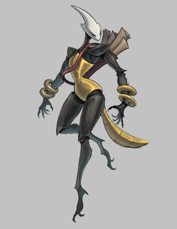 5_fingers anthro black_arms black_body black_exoskeleton black_fingers black_hands black_legs exoskeleton female fingers grey_background multicolored_body multicolored_exoskeleton simple_background solo white_head yellow_body yellow_exoskeleton shalopai hollow_knight:_silksong hollow_knight_(franchise) team_cherry shakra_(hollow_knight:_silksong) arthropod 2025 absurd_res full-length_portrait hi_res portrait