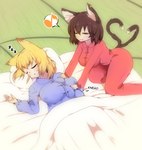 2_tails all_fours animal_ears animal_tail bedding big_breasts blanket blodne_hair blue_pajamas blush blush_lines breasts brown_body brown_fur brown_hair cat_smile clothing dipstick_ears dipstick_tail duo ear_markings ear_piercing eyes_closed female fur hair huge_breasts kneading kneading_breast markings multi_tail multicolored_ears musical_note musical_symbol nipple_outline open_mouth pajamas piercing pillow red_pajamas short_hair sleeping smile sound_effects speech_bubble symbol tail tail_markings tan_body tan_skin text thick_thighs vowelless vowelless_sound_effect white_body white_fur wide_hips yellow_body yellow_fur zzz jungleboyayaya asian_mythology east_asian_mythology japanese_mythology mythology touhou chen_(touhou) ran_yakumo animal_humanoid canid canid_humanoid canine canine_humanoid cat_humanoid felid felid_humanoid feline feline_humanoid fox_humanoid humanoid mammal mammal_humanoid nekomata tailed_humanoid yokai