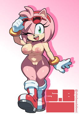 anthro big_breasts boots breasts clothing eyewear female footwear fur genitals glasses gloves green_eyes handwear navel nipples nude nude_female one_eye_closed pink_body pink_fur shoes solo thick_thighs vulva shinbeedabest third-party_edit sega sonic_the_hedgehog_(series) amy_rose eulipotyphlan hedgehog mammal hi_res nude_edit