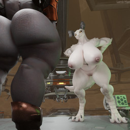 armor big_breasts breasts butt claws clothed clothing duo female female/female genitals horn huge_breasts partially_clothed size_difference spikes tail lamb_man26 coolmaster98_(modeler) vulgarvictor_(modeler) fallout halo_(series) microsoft xbox_game_studios alien deathclaw humanoid sangheili scalie 1:1 3d_(artwork) digital_media_(artwork) low_res