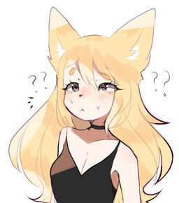 bangs black_clothing black_topwear blonde_hair breasts choker cleavage clothed clothing eyelashes female grey_eyes hair jewelry long_hair necklace question_mark solo topwear fredek666 animal_humanoid humanoid 2018 digital_media_(artwork) half-length_portrait portrait