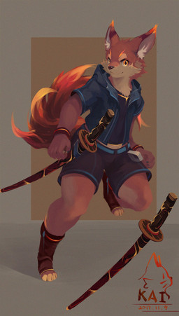 anthro biped bottomwear clothing dipstick_ears dipstick_tail ear_markings facial_scar fur jacket katana kemono looking_at_viewer male markings melee_weapon multicolored_ears orange_body orange_fur running scar shorts solo sword tail tail_markings topwear weapon yellow_eyes nekokaii canid canine fox mammal absurd_res hi_res